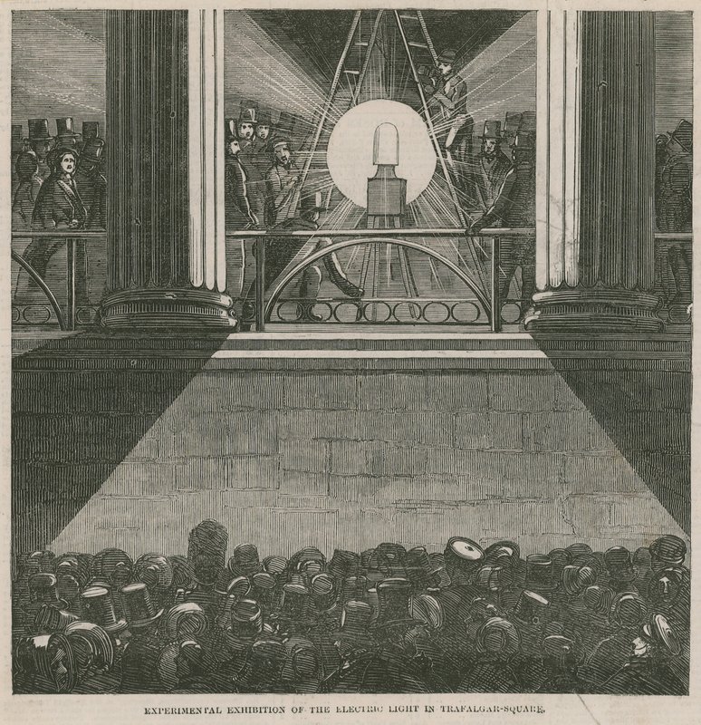 Experimentelle Ausstellung des elektrischen Lichts auf dem Trafalgar Square, London von English School