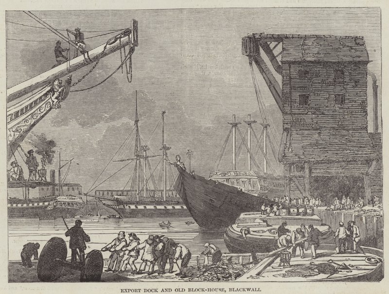 Export Dock und Old Block-House, Blackwall (Stich) von English School