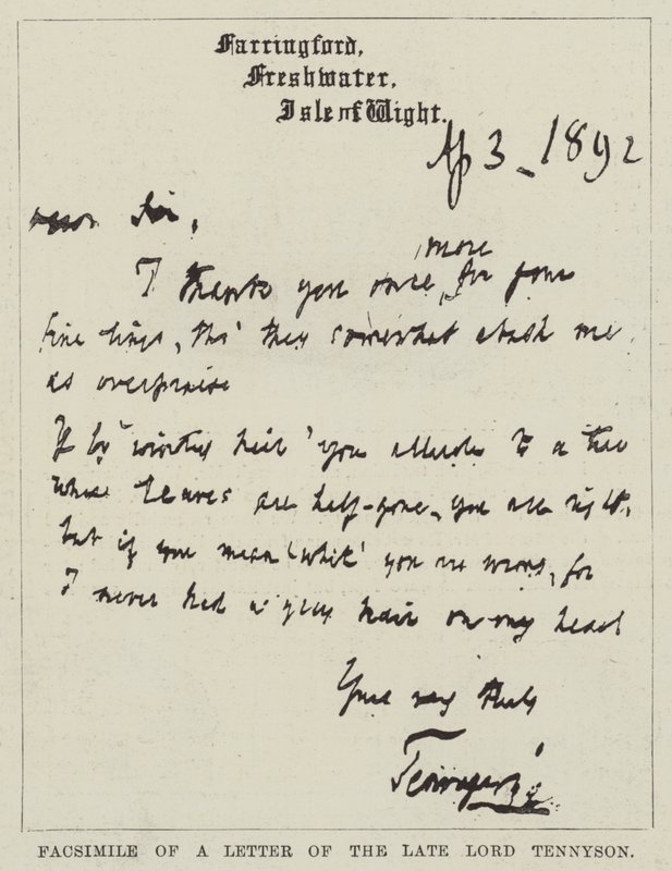 Faksimile eines Briefes des verstorbenen Lord Tennyson von English School