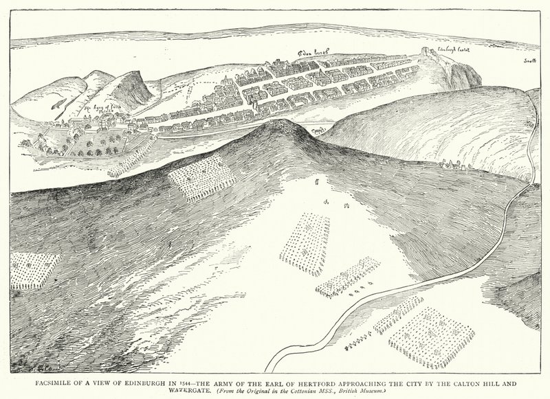 Faksimile einer Ansicht von Edinburgh im Jahr 1544, die Armee des Earl of Hertford nähert sich der Stadt über den Calton Hill und Watergate von English School