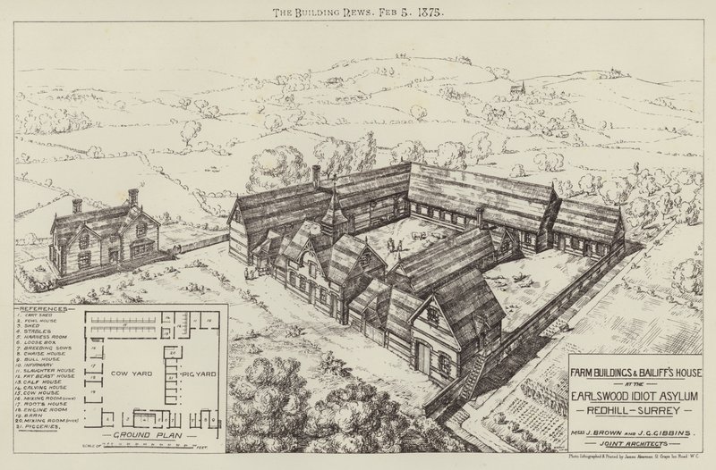 Bauerngebäude und Verwalterhaus im Earlswood Idiot Asylum, Redhill, Surrey von English School