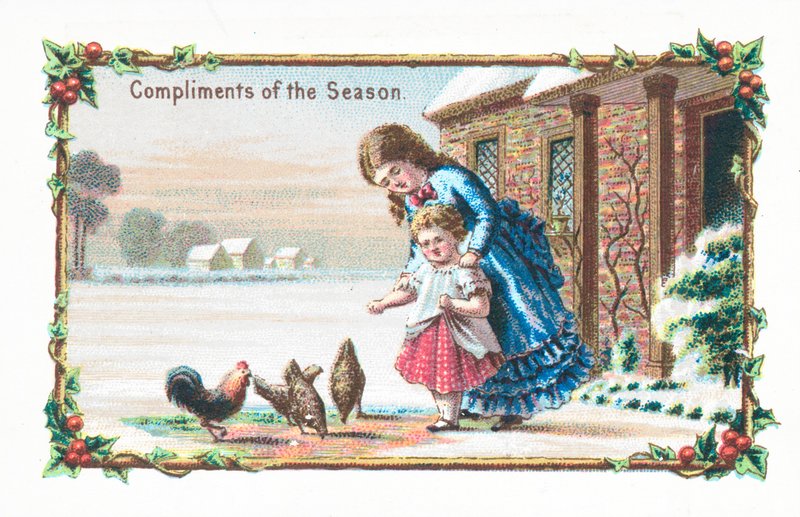 Hühner füttern, Weihnachtskarte von English School