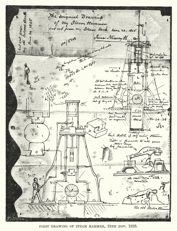 Erste Zeichnung des Dampfhammers, 24. November 1839 von English School