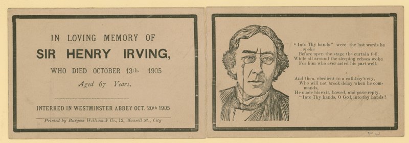 Faltkarte zum Gedenken an den Tod von Sir Henry Irving, Schauspieler, der am 13. Oktober 1905 starb von English School
