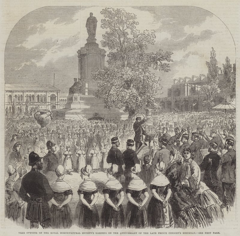Freie Eröffnung der Gärten der Royal Horticultural Society am Jahrestag des Geburtstags des verstorbenen Prinzgemahls (Stich) von English School
