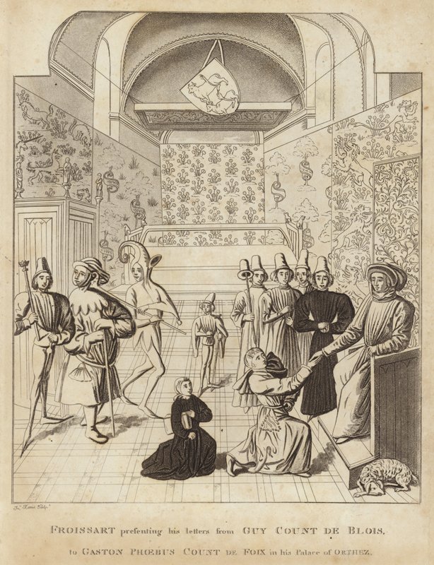 Froissart überreicht seine Briefe von Guy Court de Blois an Gaston Phoebus, Graf von Foix, in seinem Palast von Orthez von English School