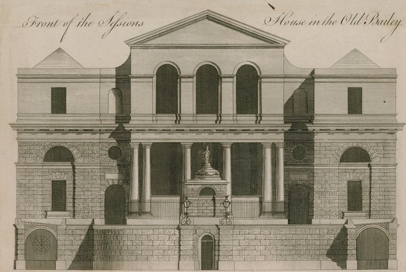 Front des Sitzungshauses im Old Bailey von English School