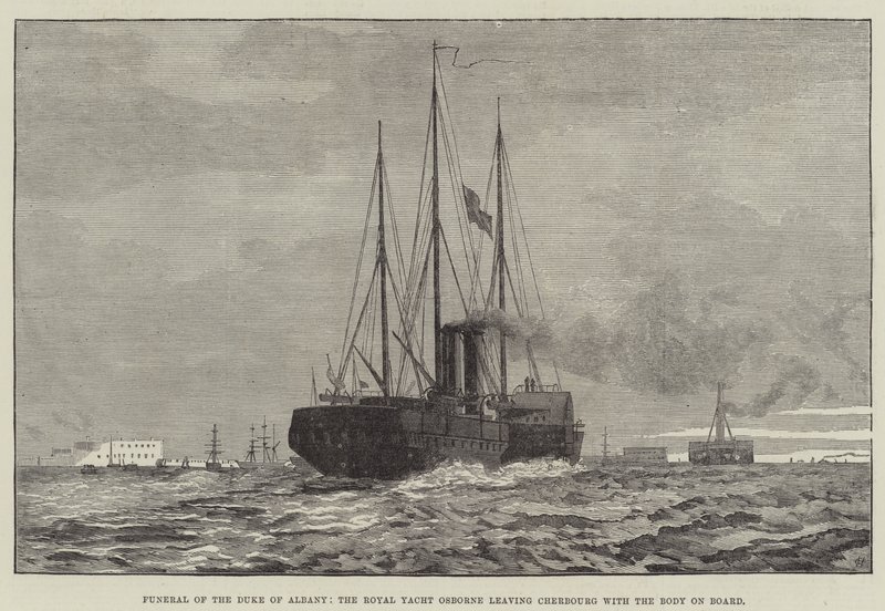 Beerdigung des Herzogs von Albany, die königliche Yacht Osborne verlässt Cherbourg mit dem Leichnam an Bord (Gravur) von English School