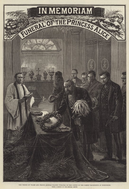 Beerdigung der Prinzessin Alice, der Prinz von Wales und Prinz Leopold legen Kränze auf den Sarg im Familienmausoleum in Rosenhohe (Gravur) von English School