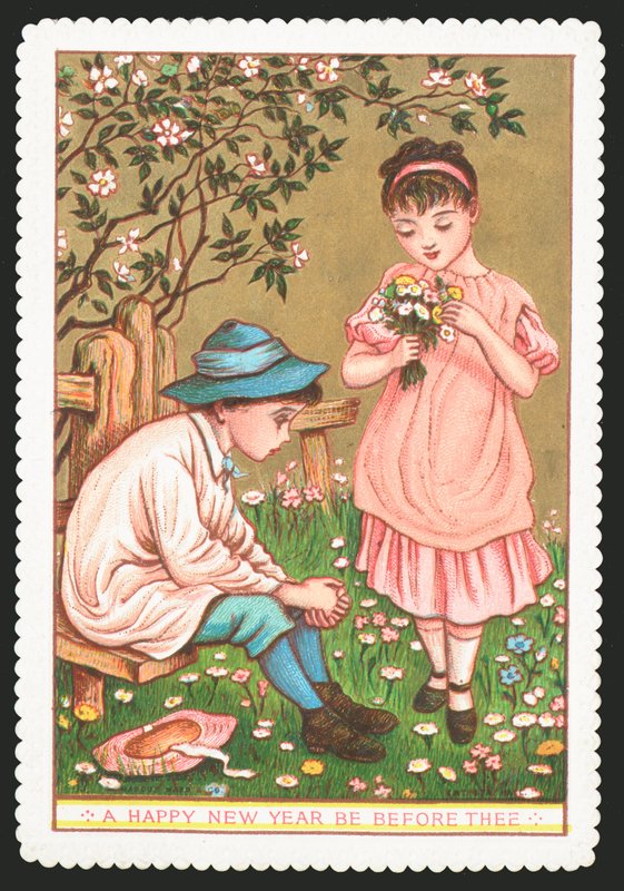 Mädchen mit Blumen spricht mit sitzendem Jungen von English School