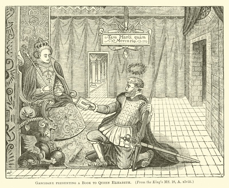 Gascoigne überreicht Königin Elizabeth ein Buch von English School