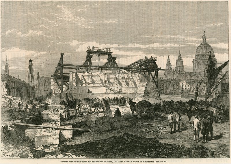 Gesamtansicht der Arbeiten für die London, Chatham und Dover Eisenbahnbrücke in Blackfriars, London von English School