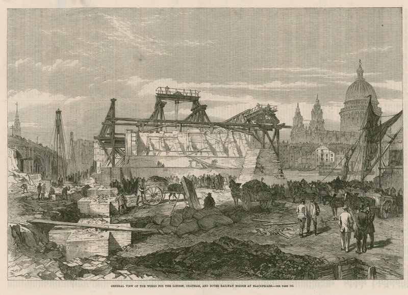 Gesamtansicht der Arbeiten für die London, Chatham und Dover Eisenbahnbrücke bei Blackfriars von English School