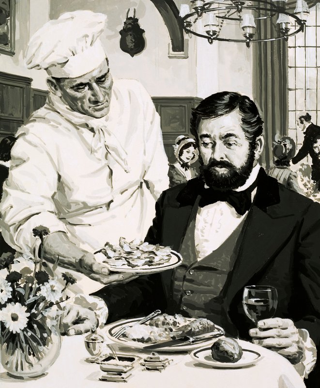 George Crum, Erfinder des Kartoffelchips, präsentiert seine Kreation von English School