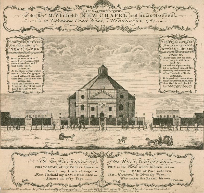 George Whitfields neue Kapelle und Almosenhäuser in Tottenham Court Road, London, 1764 von English School