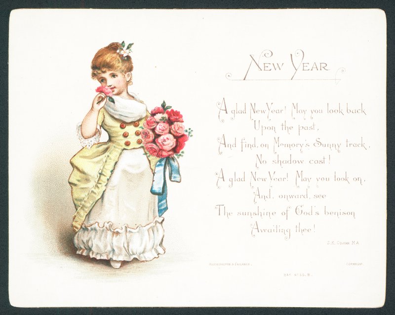 Mädchen riecht an Rosen, Neujahrskarte von English School