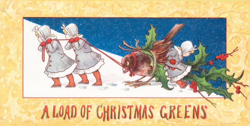 Mädchen ziehen Vogel im Schnee den Hügel hinauf, Weihnachtskarte von English School