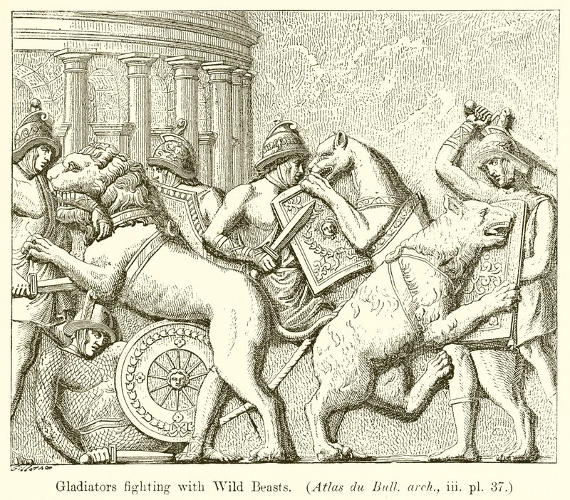 Gladiatoren kämpfen mit wilden Tieren (Atlas du Bull. arch., iii. pl. 37) von English School
