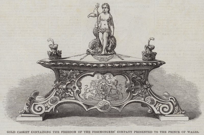 Goldene Schatulle mit der Freiheit der Fischhändler-Gesellschaft, dem Prinzen von Wales überreicht von English School