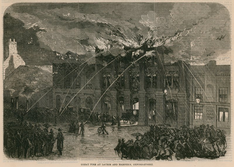 Großes Feuer bei Laurie und Marner, Oxford Street, London von English School