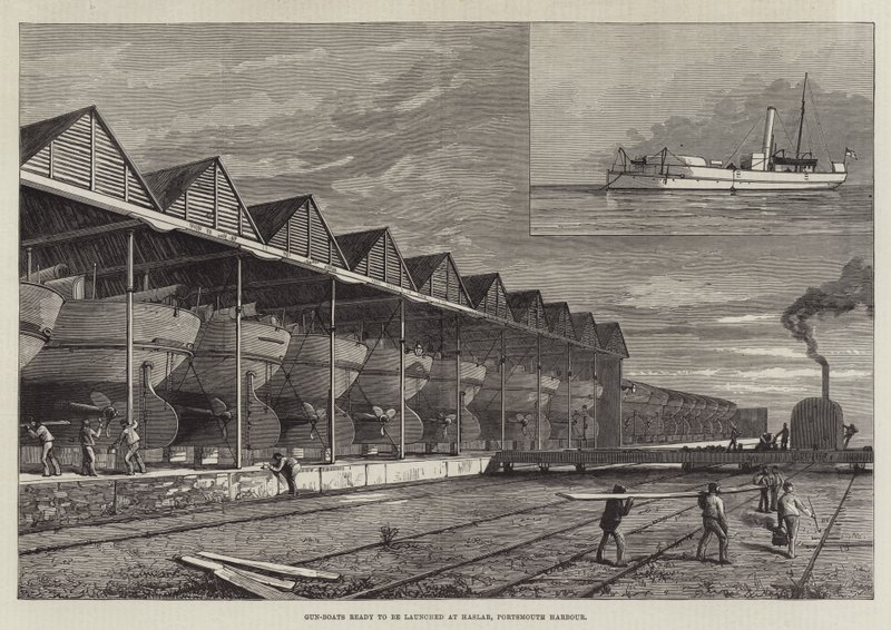 Kanonenboote bereit zum Stapellauf in Haslar, Portsmouth Harbour (Gravur) von English School