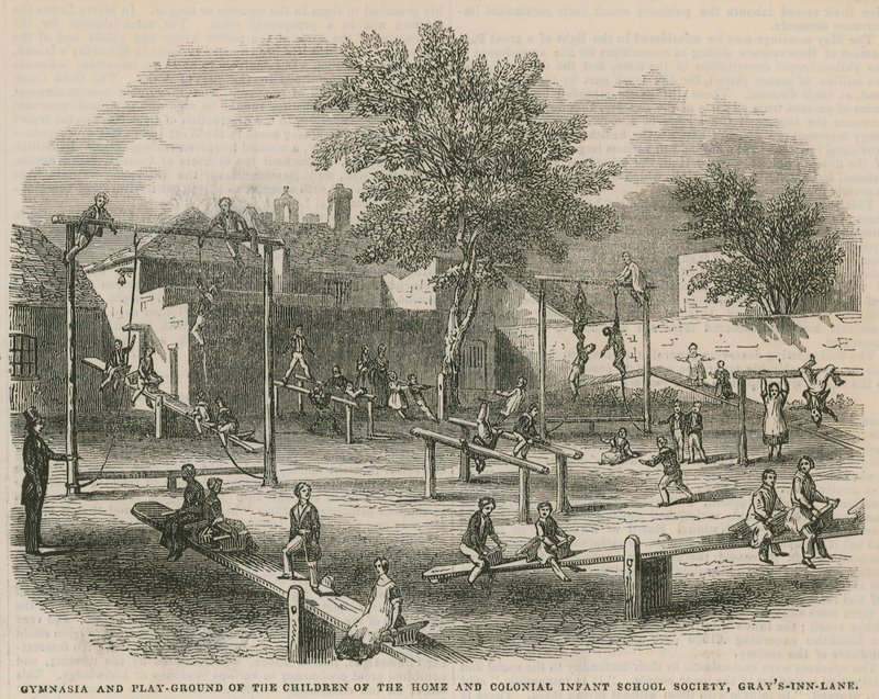 Turnhallen und Spielplatz der Kinder der Home and Colonial Infant School Society von English School
