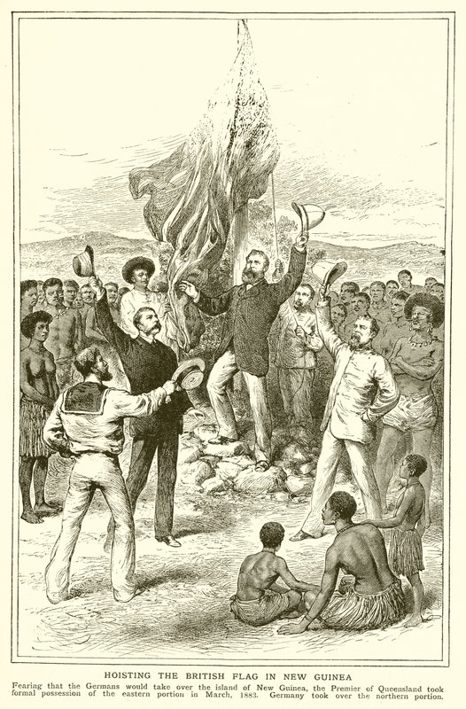 H. M. Chester, Magistrat von Queensland beim Hissen der britischen Flagge in Neuguinea, März 1883 von English School