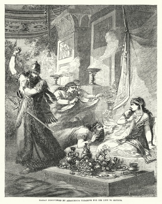 Haman wird von Ahasverus entdeckt, wie er um sein Leben bei Esther fleht (Gravur) von English School