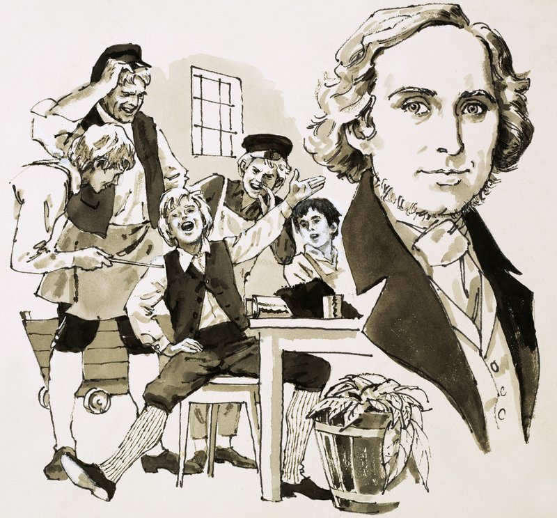 Hans Christian Andersen unterhält seine Mitgesellen mit Gesang von English School