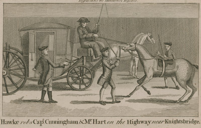 Hawke beraubt Captain Cunningham und Mr. Hart auf der Straße in der Nähe von Knightsbridge von English School