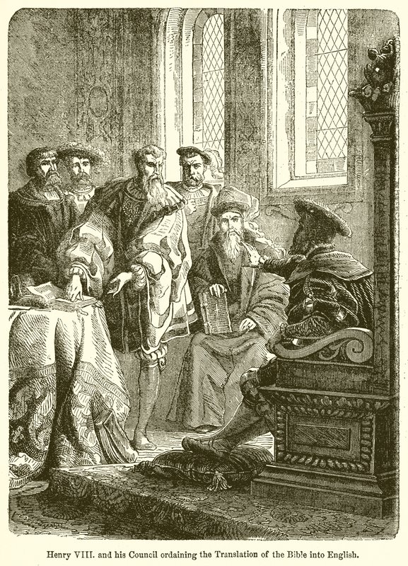 Heinrich VIII. und sein Rat ordnen die Übersetzung der Bibel ins Englische an von English School