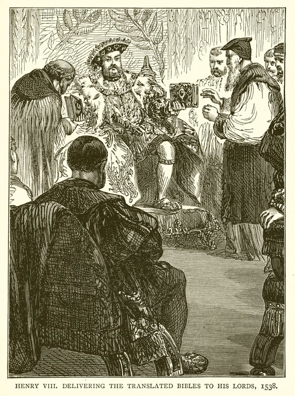 Heinrich VIII. übergibt die übersetzten Bibeln an seine Lords, 1538 von English School