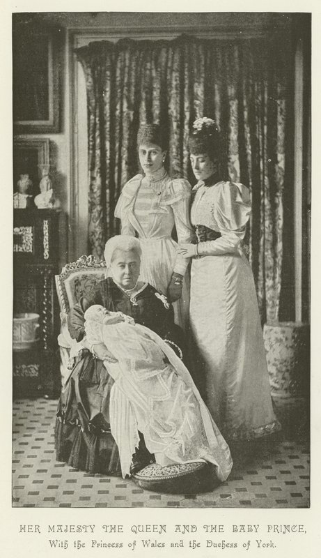 Ihre Majestät die Königin und der Baby-Prinz, mit der Prinzessin von Wales und der Herzogin von York von English School