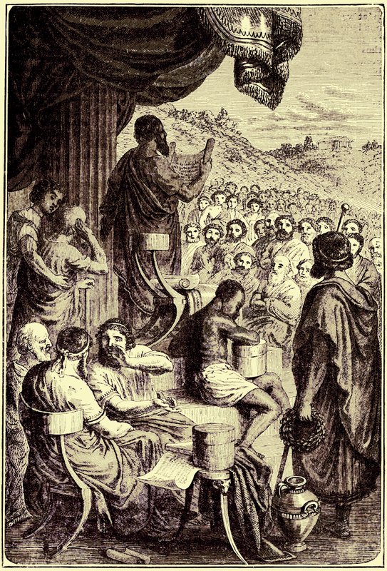 Herodot liest seine Geschichte auf einem öffentlichen Fest, Illustration aus Die Illustrierte Geschichte der Welt, veröffentlicht um 1880 von English School