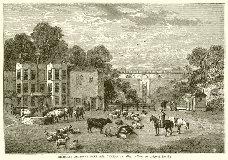 Highgate Archway Gate und Taverne im Jahr 1825 von English School