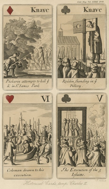 Historische Spielkarten, die die Geschichte von König Karl II. erzählen von English School