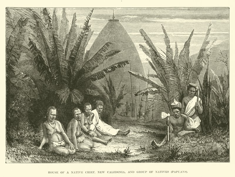 Haus eines einheimischen Häuptlings, Neukaledonien, und Gruppe von Einheimischen, Papua von English School