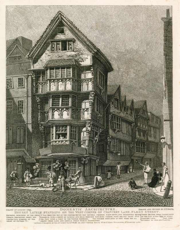 Häuser, die kürzlich an der westlichen Ecke der Chancery Lane, Fleet Street, London, standen von English School