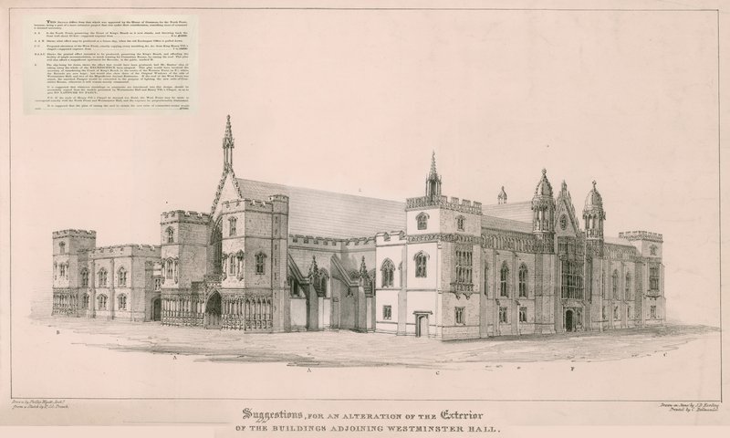 Parlamentshäuser: Vorschläge zur Veränderung der Außenfassade der Gebäude neben der Westminster Hall von English School