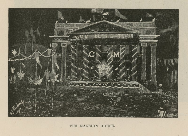 Illuminationen und Dekorationen schmücken das Mansion House von English School