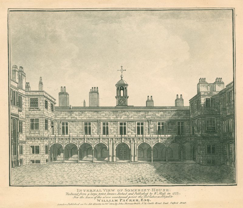 Innere Ansicht des Somerset House, The Strand, London; basierend auf einem Druck von W. Moss aus dem Jahr 1777 von English School