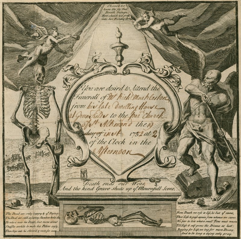 Einladung zur Teilnahme an der Beerdigung von Mr. Richard Mackleston im Jahr 1732 von English School