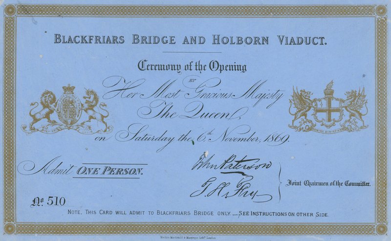 Einladung zur Eröffnung der Blackfriars Brücke und des Holborn Viadukts von English School