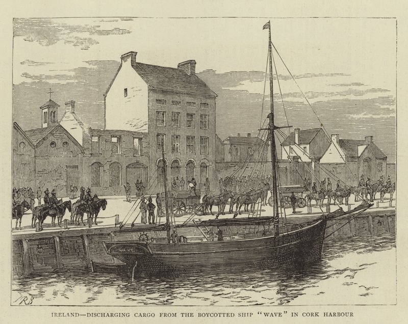 Irland, Entladung der Ladung vom boykottierten Schiff "Wave" im Hafen von Cork von English School