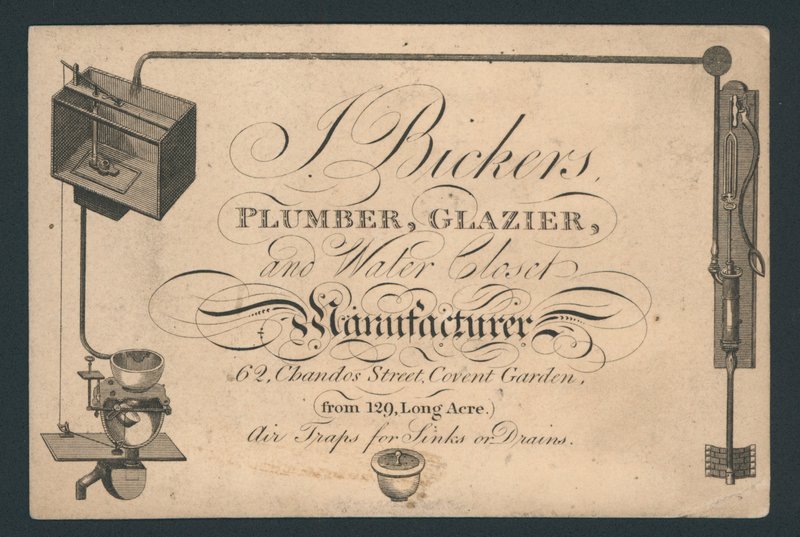 J. Bickers, Klempner, Glaser und Wasserklosetthersteller, 62 Chandos Street, Covent Garden, Visitenkarte von English School