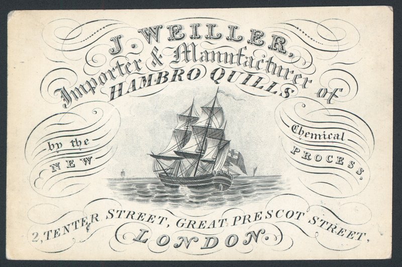 J. Weiller, Importeur und Hersteller von Hambro-Federn, 2 Tenter Street, Visitenkarte von English School
