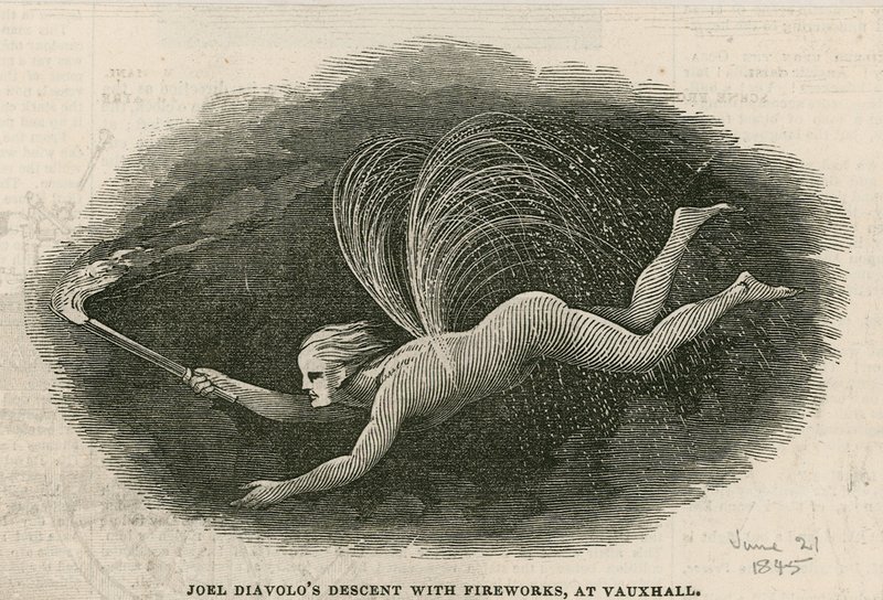 Joel Diabolos Abstieg mit Feuerwerk in den Vauxhall Gardens, London von English School