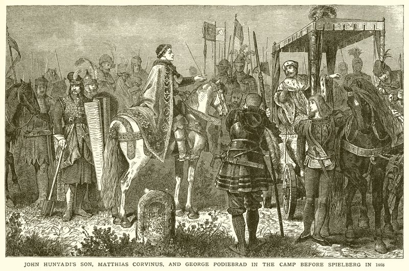 Johann Hunyadis Sohn, Matthias Corvinus, und Georg Podiebrad im Lager vor Spielberg im Jahr 1468 von English School