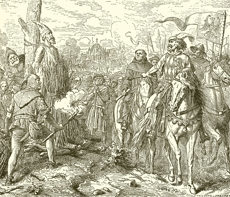 Johannes Hus am Scheiterhaufen, aufgefordert zu widerrufen von English School