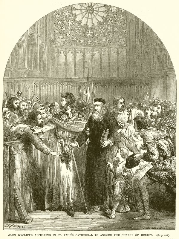 John Wycliffe erscheint in der St. Pauls Kathedrale, um sich der Anklage der Ketzerei zu stellen von English School